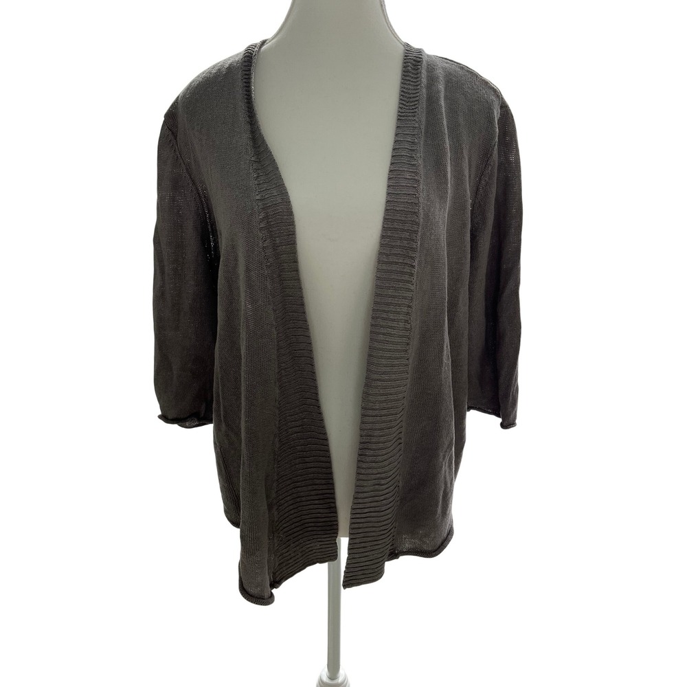 Eileen Fisher 1X Open Front Cardigan 3/4 Sleeve Knit 100% linen Casual Gray